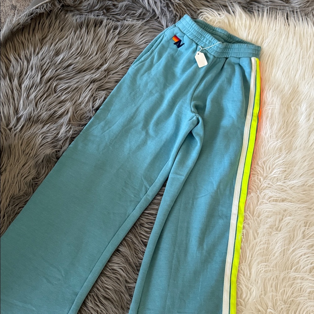 AVIATOR NATION 
5 STRIPE WIDE LEG POCKET SWEATPANTS  AQUA  SZ XS - Picture 3 of 6